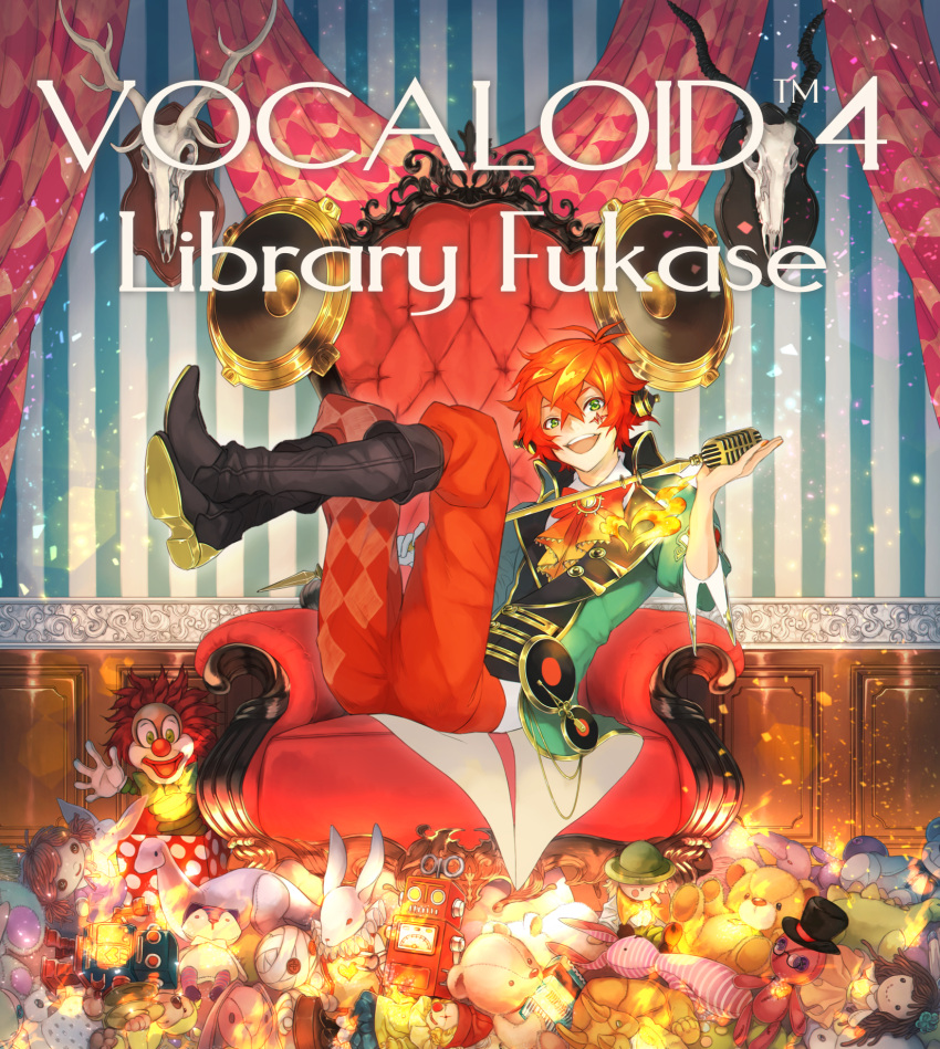 1boy boots character_name copyright_name dearrose doll facial_mark fukase green_eyes highres marking_on_cheek microphone redhead sitting smile speaker stuffed_animal stuffed_toy throne throne_room toy_robot vocaloid