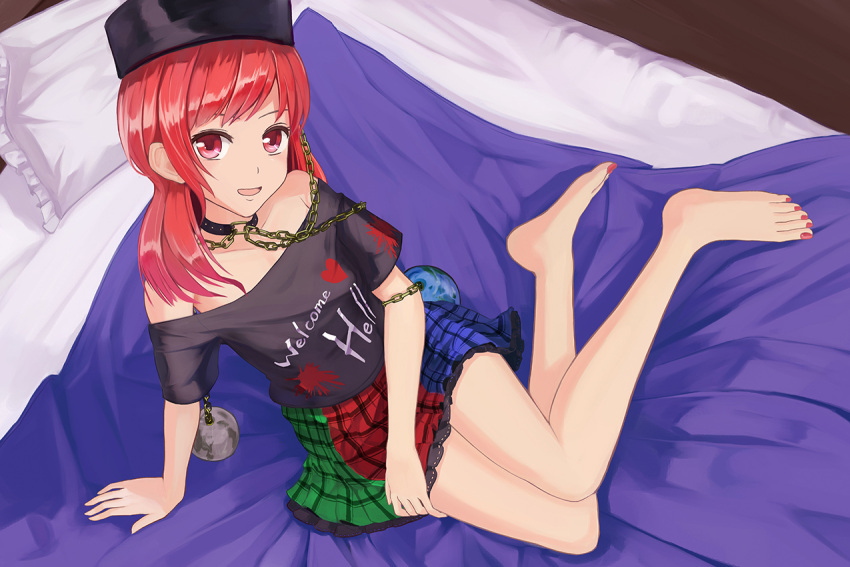 1girl :d barefoot bed blush chain choker come_hither earth feet hat hecatia_lapislazuli looking_at_viewer miniskirt moon muireko nail_polish off-shoulder_shirt open_mouth orb red_eyes redhead shirt sitting skirt smile solo touhou