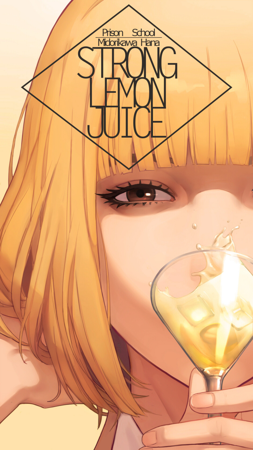 bangs blunt_bangs brown_eyes character_name close-up cup drink glass highres looking_at_viewer midorikawa_hana prison_school short_hair vocky wine_glass