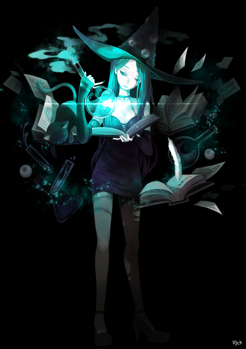 1girl absurdres bare_shoulders black_dress blue book breasts cat choker cleavage dark dress earrings elbow_gloves erlenmeyer_flask fingerless_gloves full_body gloves hat high_heels highres jewelry lens_flare long_hair magic mooooong1008 original pinky_out quill scar single_thighhigh solo standing stitches test_tube thigh-highs torn_clothes torn_thighhighs witch witch_hat