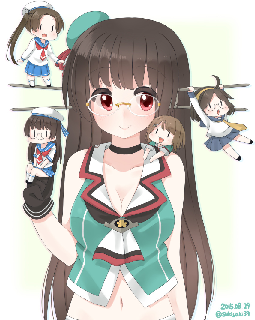 &gt;:3 2015 5girls :3 :o bare_shoulders beret black_gloves black_hair breasts brown_hair choukai_(kantai_collection) dated fairy_(kantai_collection) glasses gloves hair_ornament hair_ribbon hairband hanging hat headgear highres kantai_collection light_brown_hair long_hair look-alike looking_to_the_side midriff minigirl multiple_girls navel open_mouth pleated_skirt ponytail red_eyes remodel_(kantai_collection) ribbon rimless_glasses school_uniform serafuku short_hair side_ponytail simple_background sitting skirt smile twitter_username v_arms white_background yukichi_(sukiyaki39) |_|