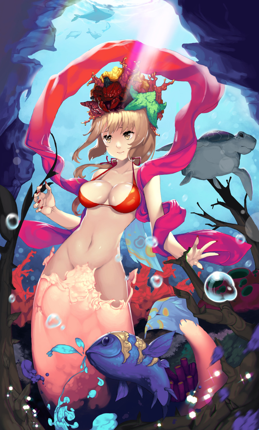 1girl absurdres air_bubble aowltus209 bikini bikini_top breasts brown_eyes brown_hair fish hair_ornament highres large_breasts long_hair mermaid monster_girl nail_polish navel original red_bikini solo summer swimsuit turtle underwater