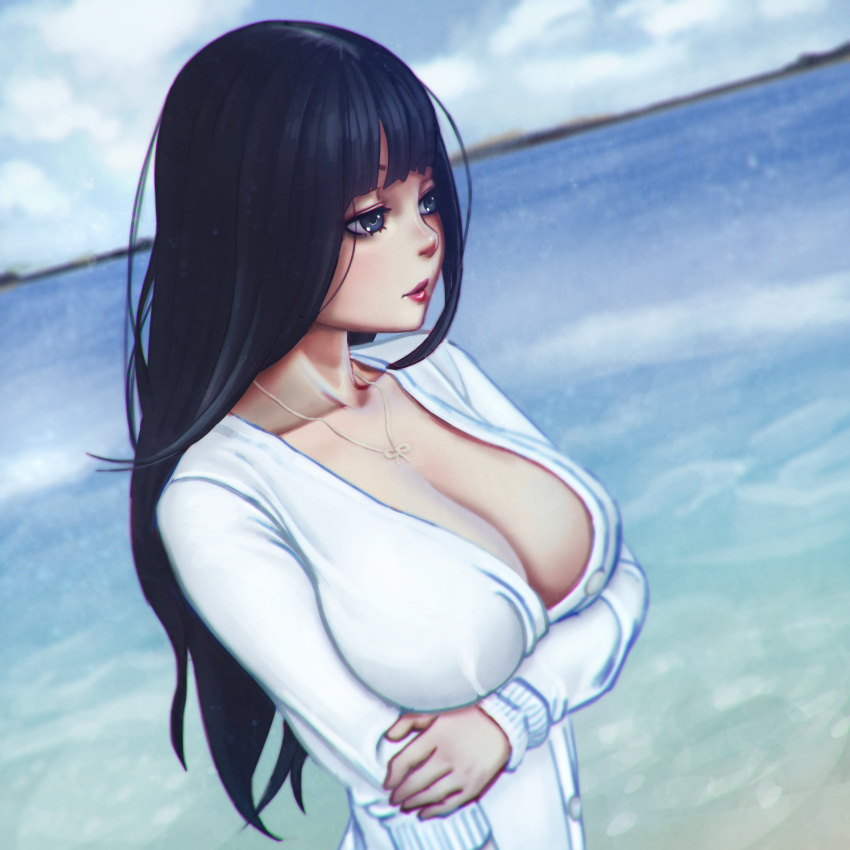 1girl absurdres arm_grab beach black_hair blue_eyes blue_sky breasts chromatic_aberration cleavage clouds coast collarbone eyelashes highres jewelry large_breasts lips long_hair looking_away necklace nose ocean original outdoors short_sleeves sky solo upper_body xxnikichenxx