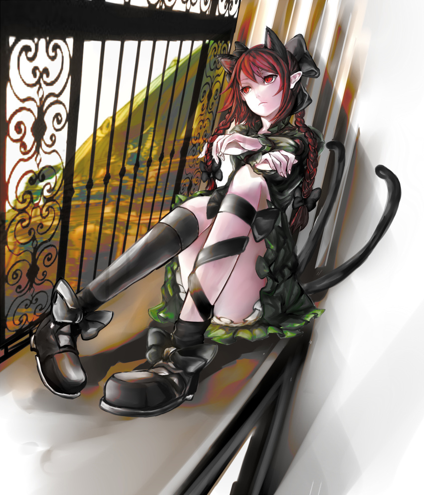 1girl animal_ears black_dress bow braid cat_ears cat_tail convenient_leg dress extra_ears hair_bow highres kaenbyou_rin leg_ribbon long_hair multiple_tails playing_with_own_hair red_eyes redhead sitting solo tail touhou twin_braids yutapon