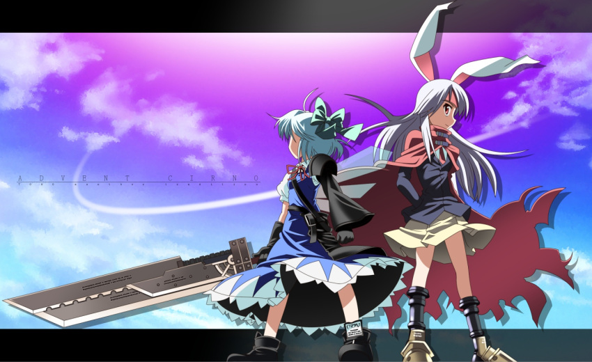 animal_ears bad_id bunny_ears cirno cloud_strife cloud_strife_(cosplay) cosplay crossover final_fantasy final_fantasy_vii final_fantasy_vii_advent_children fusion_swords huge_weapon long_hair reisen_udongein_inaba ribbon rindou_(awoshakushi) sword touhou vincent_valentine vincent_valentine_(cosplay) weapon wings