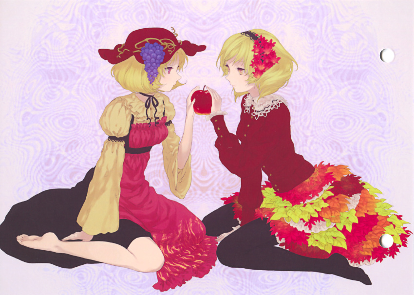 aki_minoriko aki_shizuha apple barefoot black_legwear blonde_hair egawa_satsuki expressionless feet food fruit grapes hairband hat highres holding holding_fruit kneeling leaf multiple_girls no_shoes pantyhose profile red_eyes ribbon_choker satsuki_(dorowa) scan short_hair siblings sisters sitting touhou wariza yellow_eyes