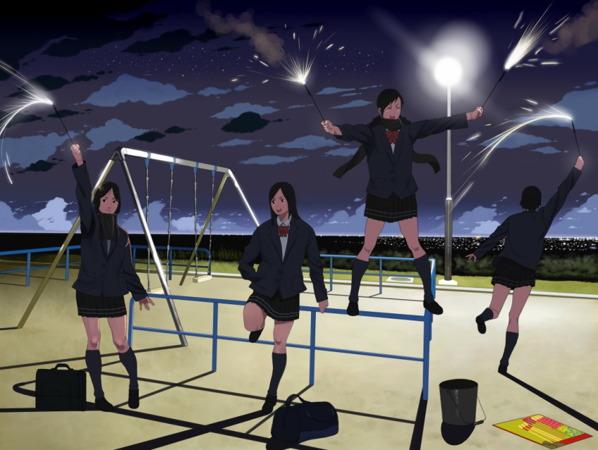 bag bucket building city cityscape cloud fireworks light lights night original playground scarf school_uniform seifuku shiira sky sparkler star_(sky) starry_sky swing