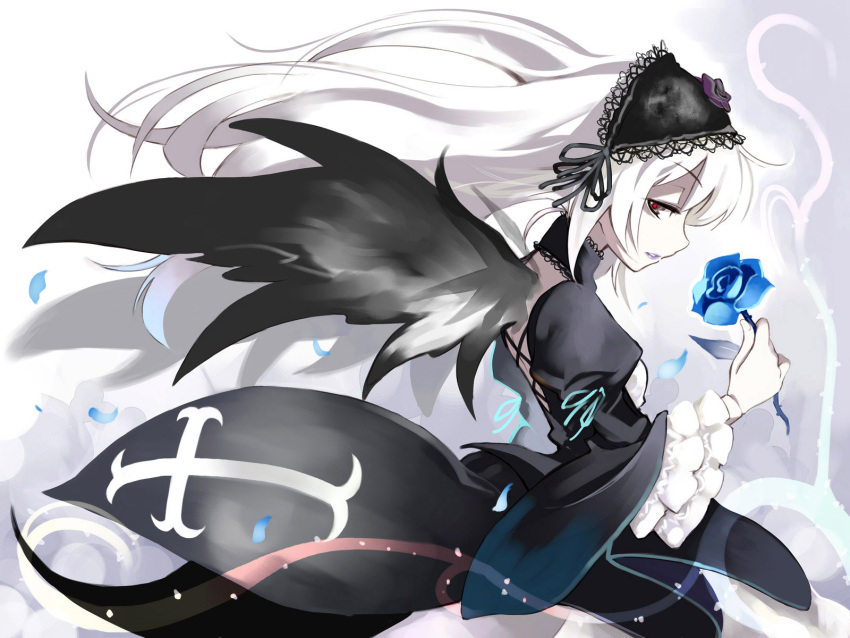 flower gothic gothic_lolita highres long_hair petals red_eyes rose rose_petals rozen_maiden solo suigintou white_hair wings