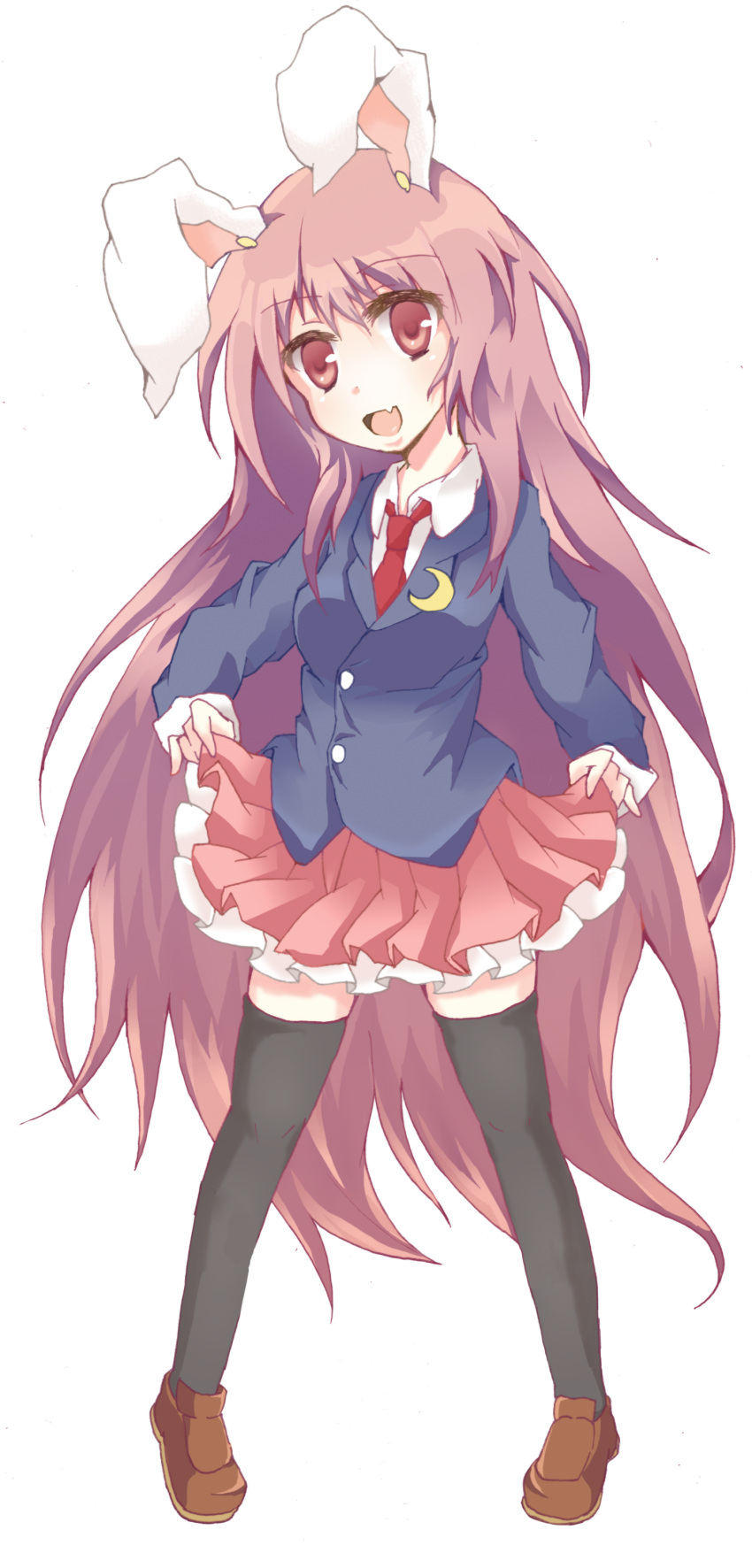 animal_ears blazer blush breasts bunny_ears fang highres long_hair necktie open_mouth purple_hair red_eyes reisen_udongein_inaba skirt smile suica_(namamen) thigh-highs thighhighs touhou transparent_background