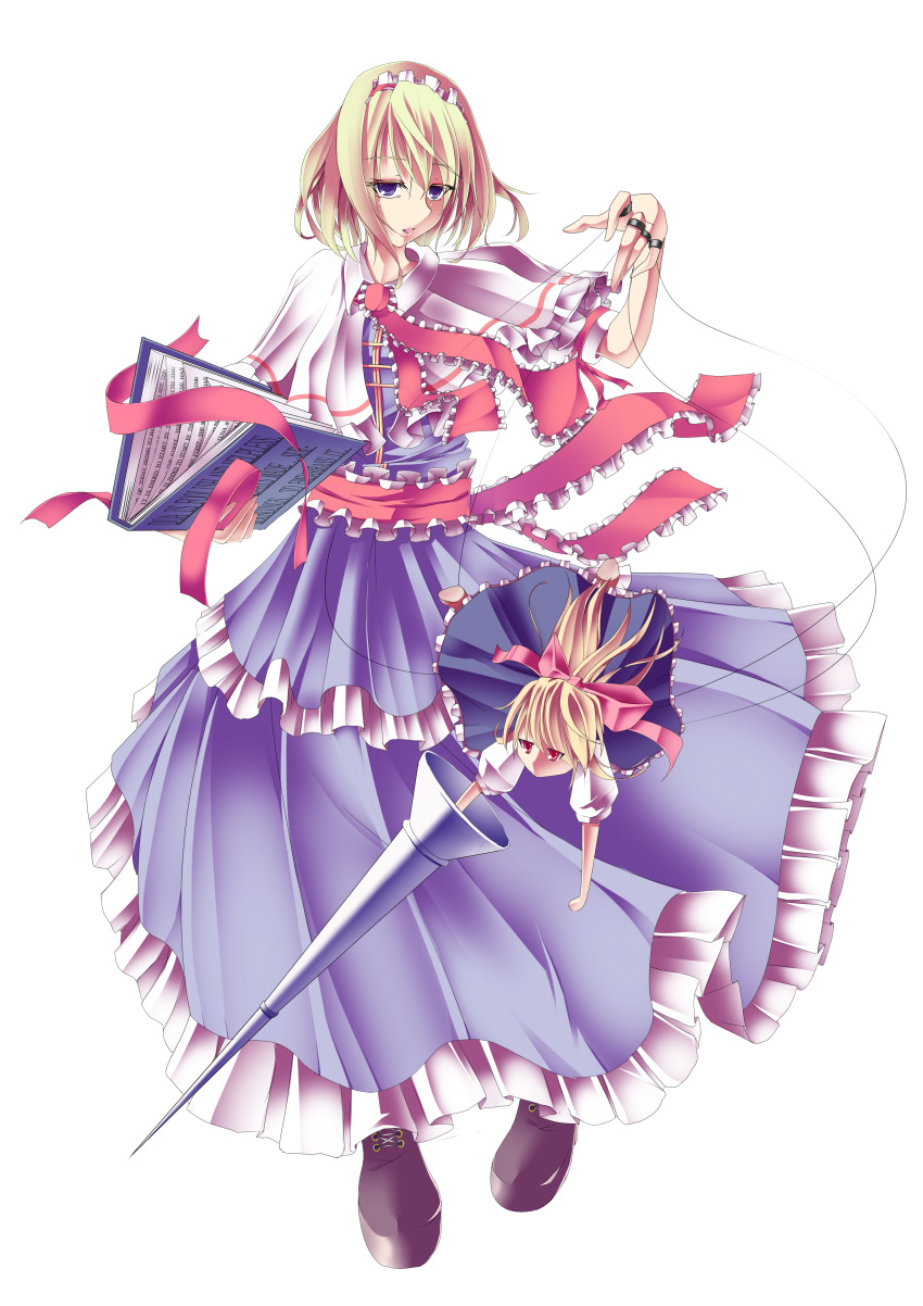 absurdres alice_margatroid blonde_hair blue_eyes book bow dress gumitaroo highres javelin long_hair maid_headdress ponytail red_eyes ribbon shanghai_doll shoes short_hair string touhou transparent_background wire