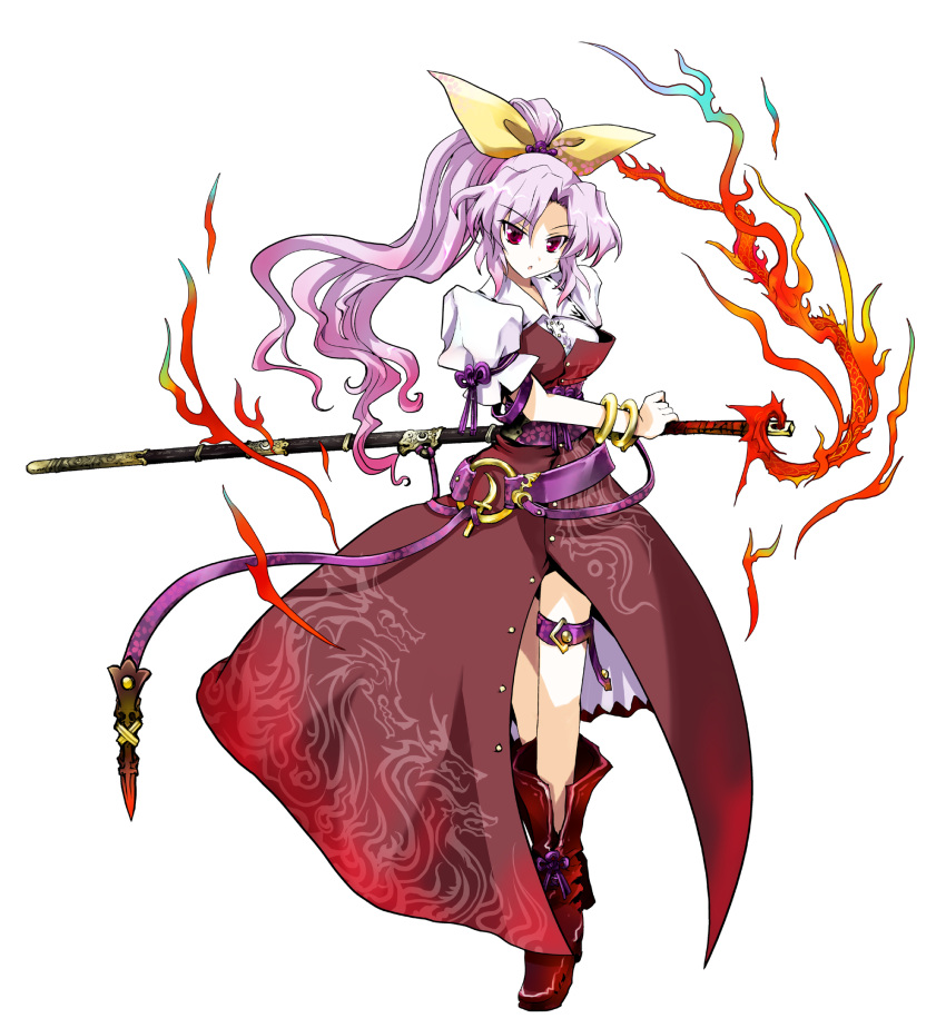 hair_bow hair_ornament highres long_hair open_mouth pfalz ponytail purple_hair red_eyes solo sword touhou transparent_background tsurime watatsuki_no_yorihime weapon