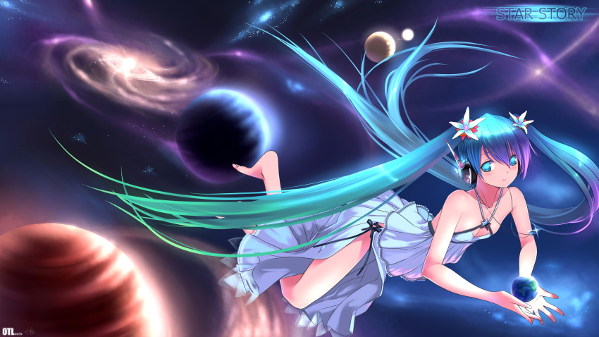 aqua_hair barefoot blue_eyes blue_hair floating_hair flower gradient_hair green_hair hatsune_miku headphones highres long_hair multicolored_hair purple_hair solo space twintails very_long_hair vocaloid yykuaixian