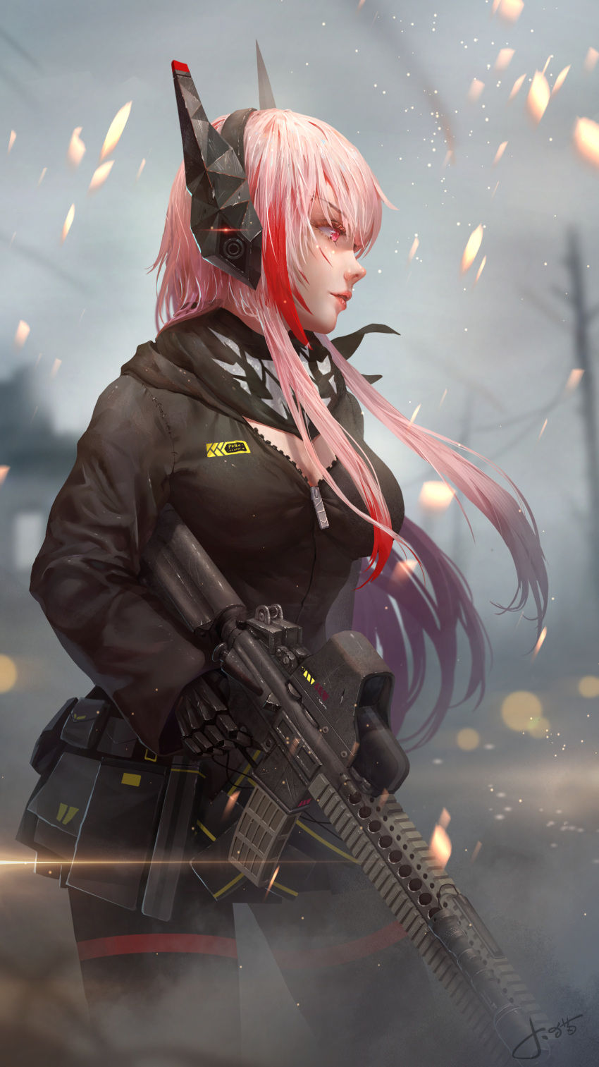 1girl absurdres assault_rifle bangs black_jacket black_scarf breasts eyebrows_visible_through_hair finger_on_trigger fire floating_hair girls_frontline gloves gun hair_between_eyes hairband headgear highres jacket jay_xu lens_flare light_particles long_hair m4_carbine m4_sopmod_ii m4_sopmod_ii_(girls_frontline) mechanical_arm multicolored_hair open_mouth outdoors pink_hair red_eyes redhead rifle scarf signature smile solo streaked_hair weapon wind zipper