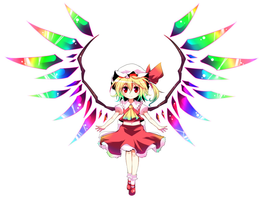 alternate_wings bell_(artist) blonde_hair flandre_scarlet gradient_hair hat hat_ribbon highres multicolored_hair ponytail red_eyes ribbon short_hair side_ponytail solo standing touhou transparent_background wings