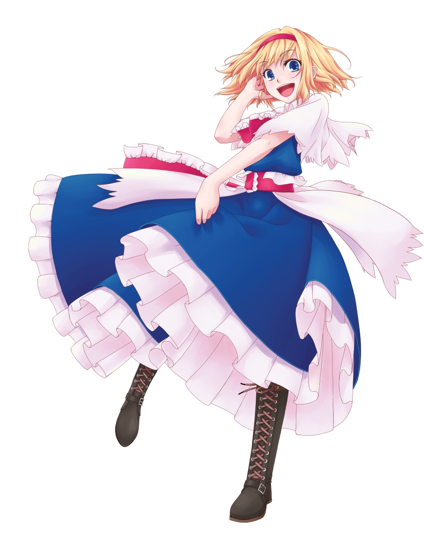 alice_margatroid babato blonde_hair blue_dress blue_eyes boots cross-laced_footwear dress frills gathers hairband hand_in_hair highres lace-up_boots open_mouth short_hair smile solo touhou transparent_background