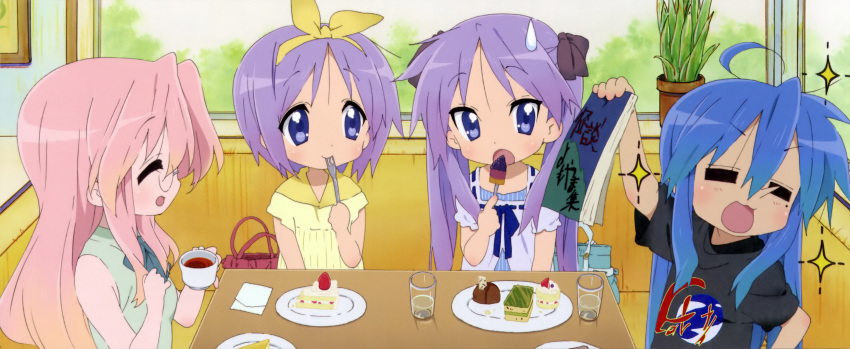 ahoge cake eating food fruit highres hiiragi_kagami hiiragi_tsukasa holding izumi_konata lucky_star pastry restaurant scan strawberry takara_miyuki