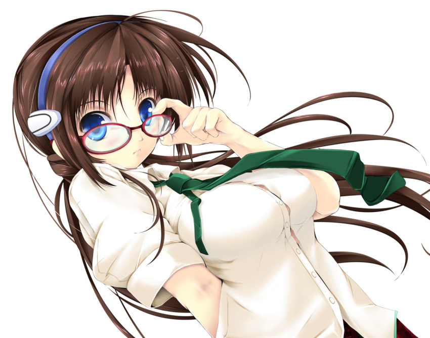 adjusting_glasses arms_behind_back blue_eyes breasts brown_hair glasses hairband kuon_itsuki long_hair makinami_mari_illustrious necktie neon_genesis_evangelion rebuild_of_evangelion shirt solo