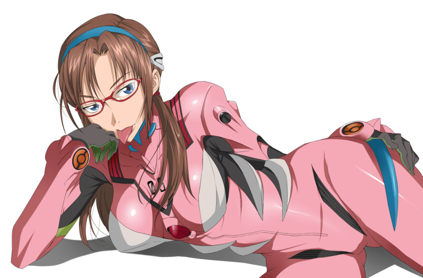 blue_eyes brown_hair chin_rest evangelion:_2.0_you_can_(not)_advance glasses hairband hand_on_thigh line9 lying makinami_mari_illustrious neon_genesis_evangelion on_side rebuild_of_evangelion shadow simple_background solo tongue twintails white
