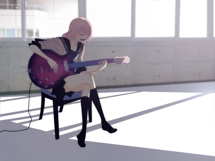 alternate_hairstyle black_legwear blush chair closed_eyes crossed_legs guitar happy highres instrument just_be_friends_(vocaloid) legs long_hair megurine_luka pink_hair school_uniform singing sitting sleeves_rolled_up smile socks solo vocaloid wallpaper yunomi