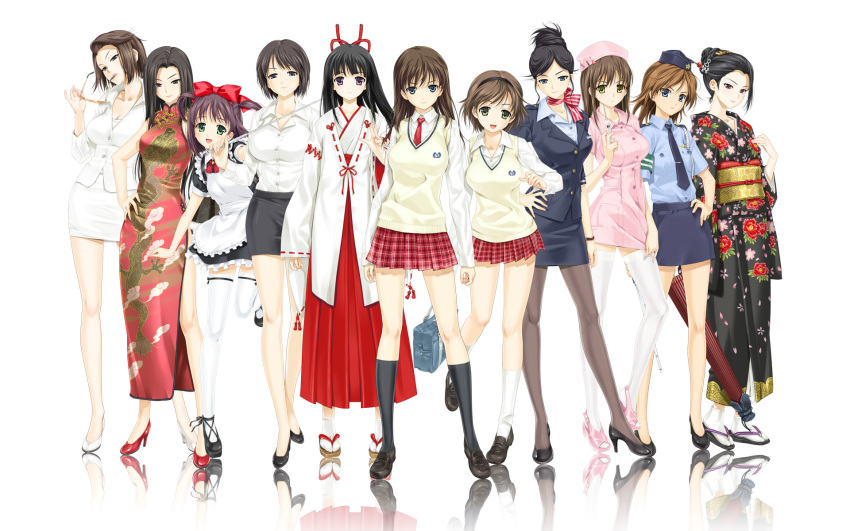 black_hair brown_hair china_dress chinese_clothes chinese_dress daimonji_emi daimonji_saki daimonji_yu doctor everyone flight_attendant glasses happoubi_jin hayakawa_izumi hexagon high_heels highres hiroishi_rin honma_natsume iseshima_aya japanese_clothes kakisaki_rei kazuki_miko kimono legs long_hair maid miko multiple_girls nurse pantyhose plaid plaid_skirt pleated_skirt police police_uniform policewoman ribbons ryu_getsurei school_uniform seifuku seigaiha shoes short_hair side_slit skirt skirt_tug stewardess suma_azusa teacher thighhighs uniform wallpaper zettai_ryouiki zettai_shougeki