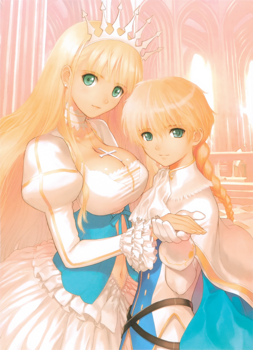 1boy 1girl ascot bangs belt blonde_hair braid breasts brother_and_sister cape caris_philias center_opening choker clalaclan_philias cleavage cross crown dress earrings formal frills gloves green_eyes hands highres holding_hands jewelry large_breasts long_hair midriff navel necklace official_art prince princess scan shining_(series) shining_wind siblings smile standing taka_tony very_long_hair
