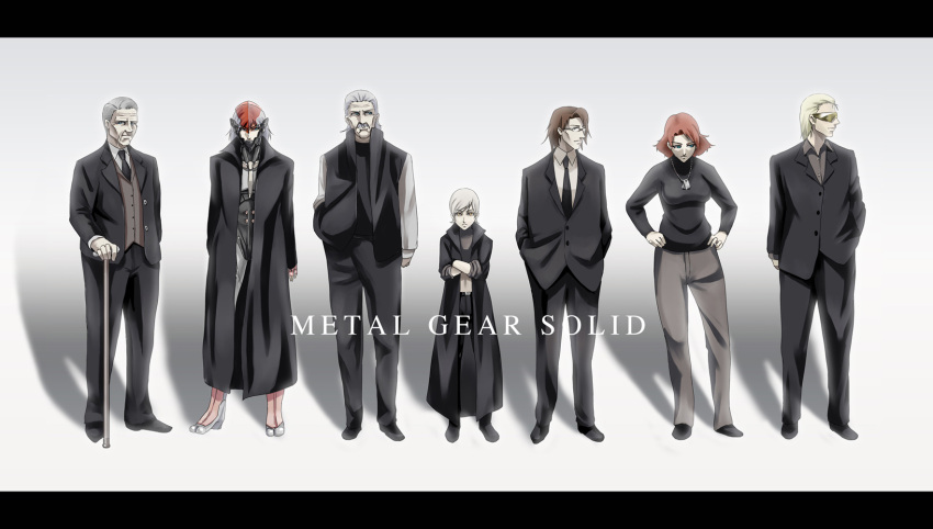 ghost_in_the_shell ghost_in_the_shell_lineup ghost_in_the_shell_stand_alone_complex hal_emmerich highres ikuyoan johnny_sasaki lineup meryl_silverburgh metal_gear metal_gear_solid metal_gear_solid_4 old_snake parody raiden roy_campbell suit sunny_gurlukovich