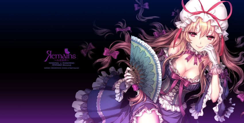 1girl album_cover an2a arms_up blonde_hair bonnet breasts chin_rest choker cleavage cover dress embellished_costume fan frills gloves gradient gradient_background hair_ribbon hat hat_ribbon lace lips lipstick long_hair pink_eyes ribbon skirt smile solo touhou white_gloves yakumo_yukari