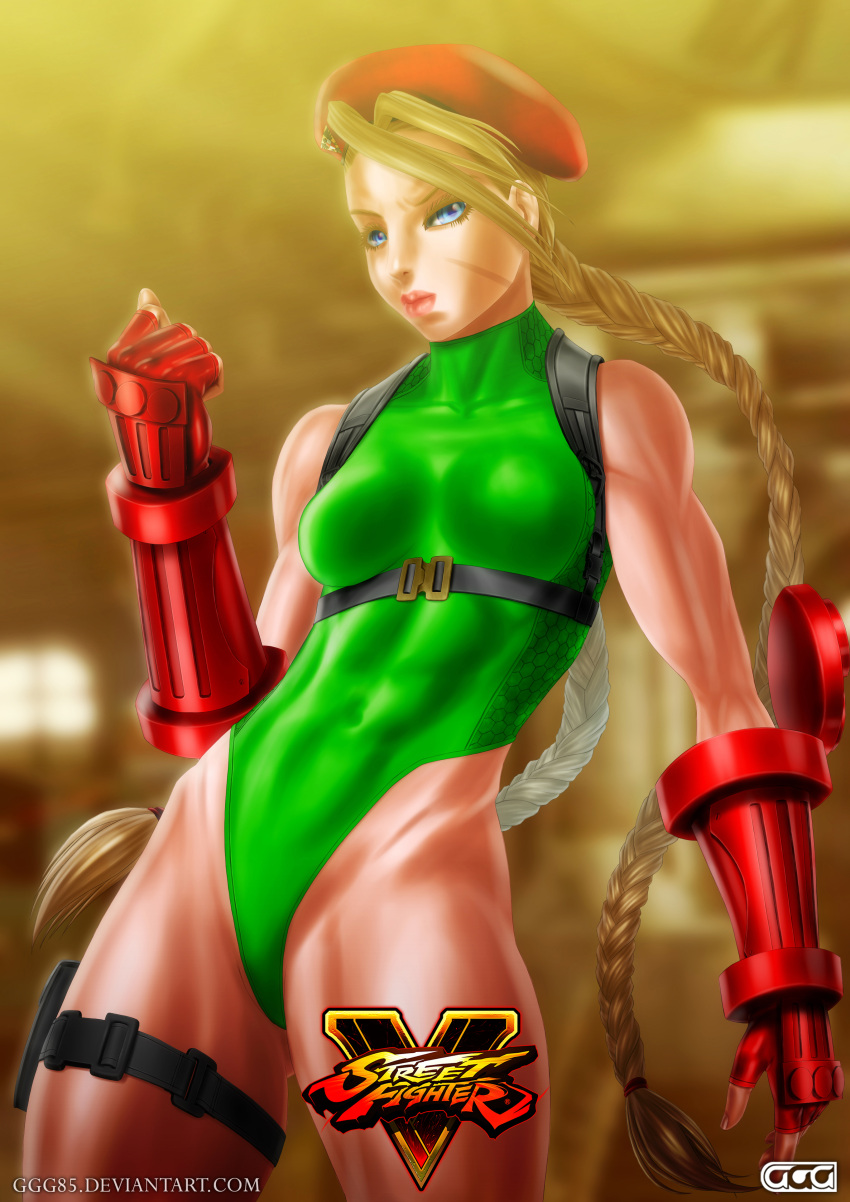 1girl absurdres antenna_hair beret blonde_hair blue_eyes braid breasts cammy_white clenched_hand copyright_name cowboy_shot fingerless_gloves ggg_(gonzalogallianoniz) gloves harness hat highleg highleg_leotard highres holster leotard lips long_hair muscle nose scar solo street_fighter street_fighter_v thigh_holster thong_leotard twin_braids watermark web_address