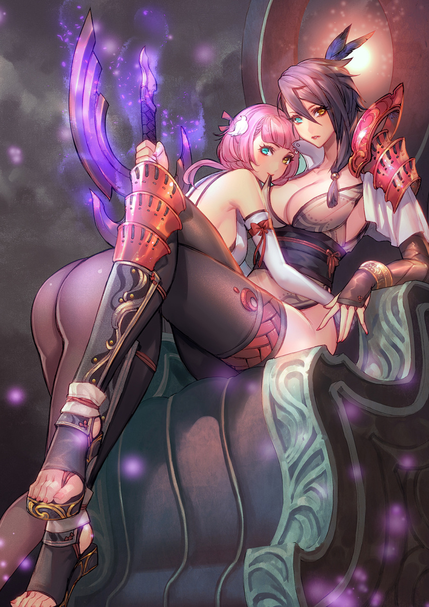 2girls armor ass black_hair breasts cleavage crossed_legs gloves heterochromia highres hug light_smile looking_at_viewer mouth_hold multiple_girls original pantyhose pink_hair ryushin short_hair sitting thigh-highs toes