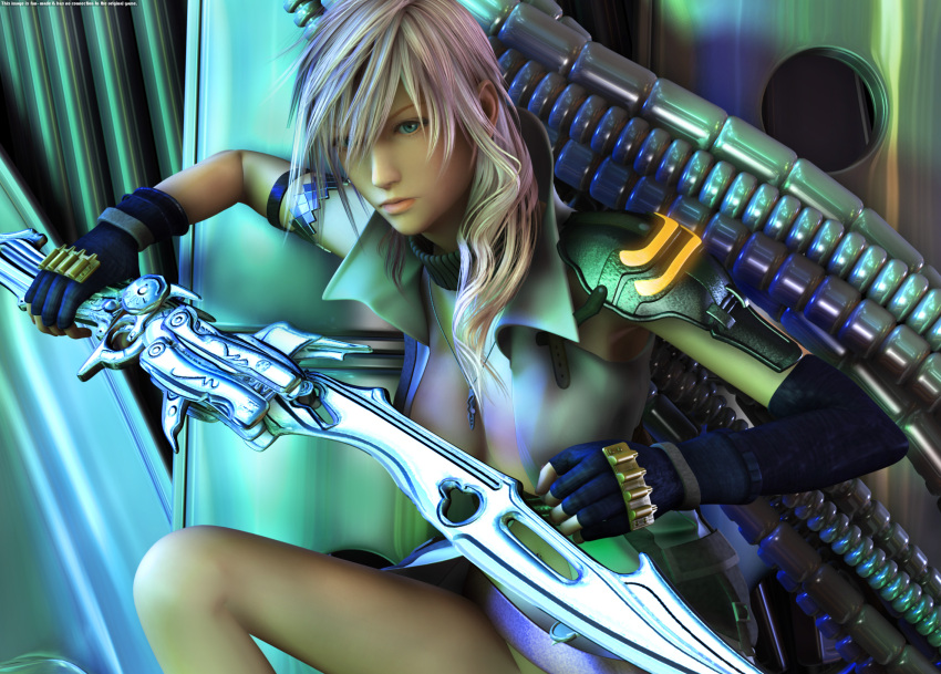 1girl blue_eyes breasts cleavage final_fantasy final_fantasy_xiii gloves highres holding_sword holding_weapon lightning_farron open_clothes open_shirt pink_hair rgbabes shirt solo