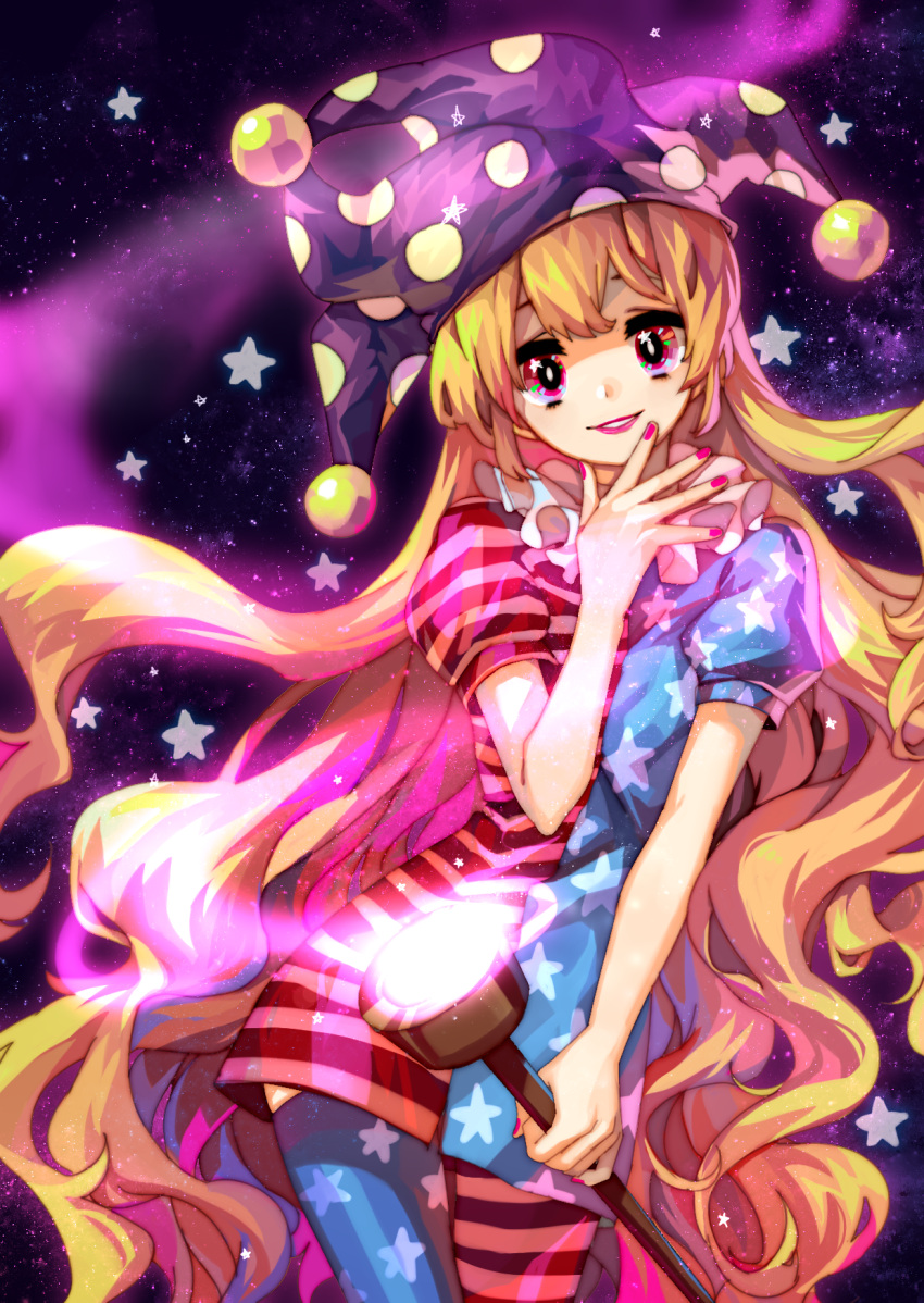 1girl american_flag_legwear american_flag_shirt blonde_hair clownpiece glowing harrymiao hat highres jester_cap lips long_hair looking_at_viewer multicolored_eyes nail_polish parted_lips print_legwear puffy_sleeves short_sleeves smile solo star striped thigh-highs touhou very_long_hair