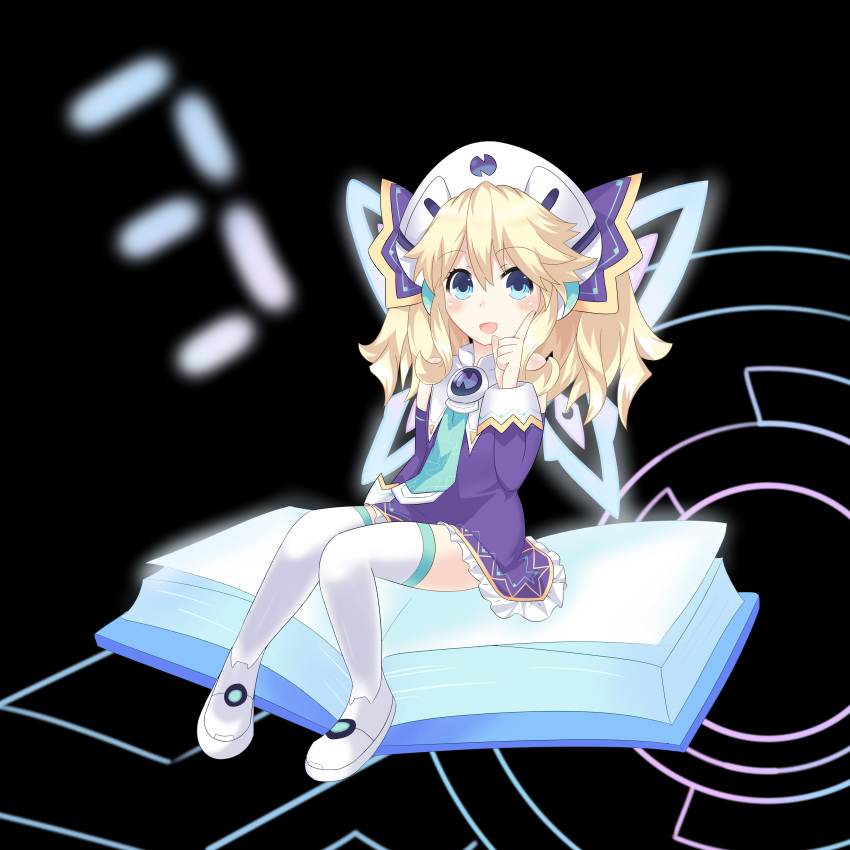 1girl absurdres blonde_hair blue_eyes blush book fairy_wings hair_ornament hat highres histoire index_finger_raised looking_at_viewer neptune_(series) open_mouth sitting twintails wings リアン