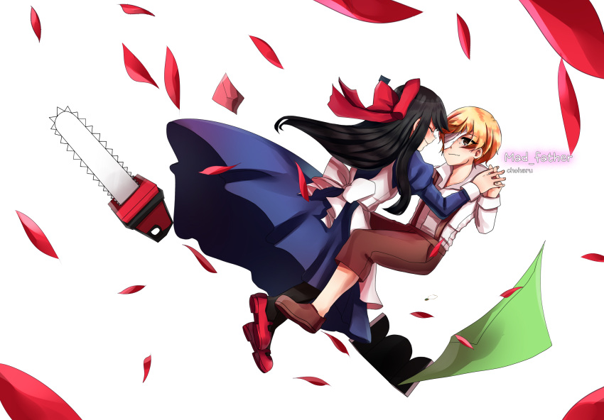 1boy 1girl artist_name aya_drevis bandage_over_one_eye bangs black_hair blonde_hair bow chainsaw choharu copyright_name dio_(mad_father) dress hair_bow hair_ornament highres huge_bow long_hair mad_father petals sidelocks simple_background tears white_background