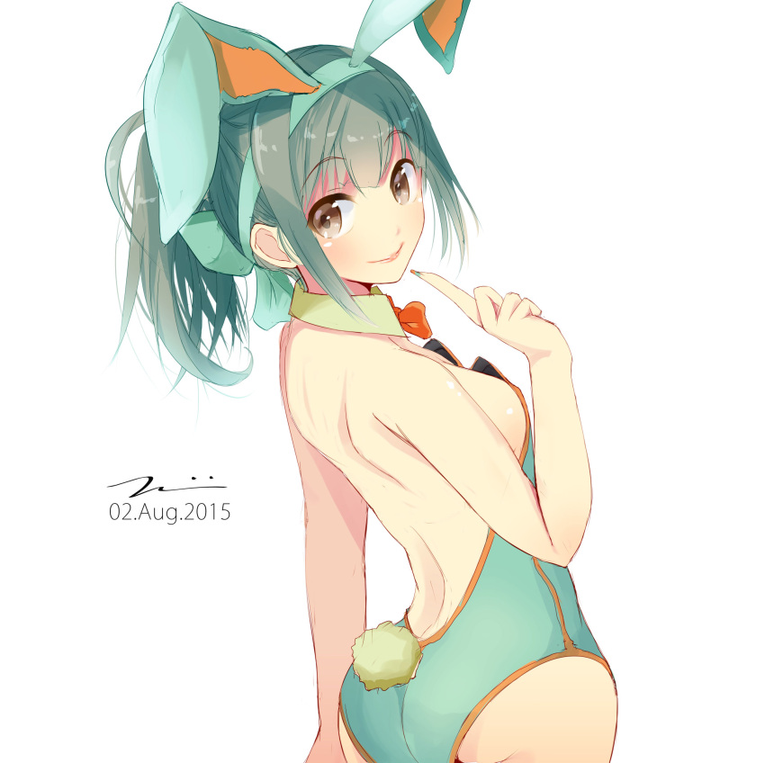 1girl animal_ears ass bare_back bare_shoulders bunny_tail bunnysuit dated green_hair grey_eyes highres kantai_collection rabbit_ears solo tagme tail tbd11 yuubari_(kantai_collection)