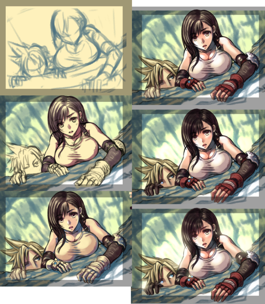 1boy black_hair blonde_hair blue_eyes breasts brown_eyes cleavage cloud_strife earrings final_fantasy final_fantasy_vii fingerless_gloves gloves highres honoji jewelry large_breasts long_hair looking_at_breasts red_gloves short_hair tifa_lockhart translation_request work_in_progress