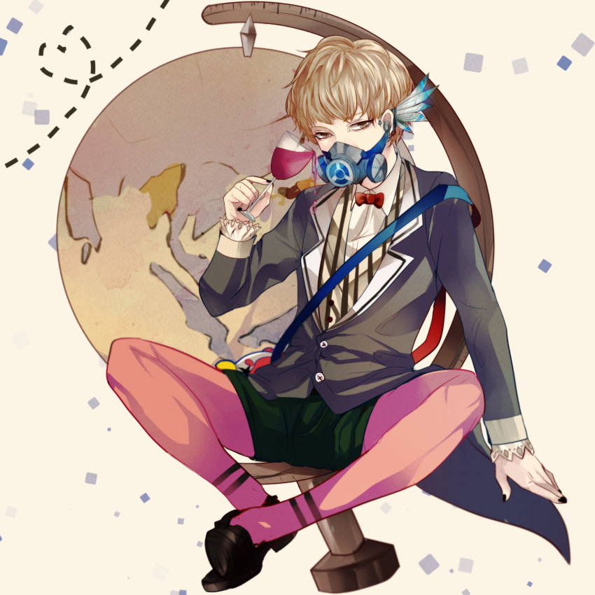1boy absurdres alcohol arm_support artist_request blonde_hair bowtie brown_eyes cup earpiece fukase gas_mask globe highres indian_style looking_at_viewer nail_polish shorts sitting solo spilling thigh-highs vocaloid wine wine_glass