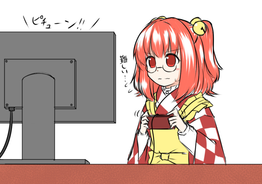 1girl bell blush_stickers computer_screen controller dress ganmaganmo glasses hair_bell hair_ornament jingle_bell motoori_kosuzu playing_games red_eyes redhead solo touhou touhou_(game) translated two_side_up wavy_mouth
