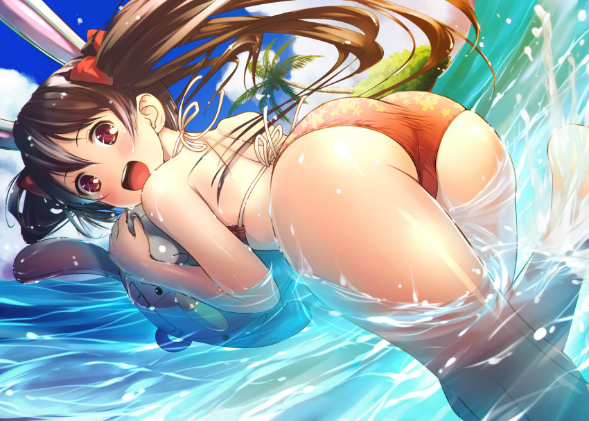 1girl :d ass ball bikini black_hair bow detexted ek_masato hair_bow long_hair looking_at_viewer love_live!_school_idol_project open_mouth partially_submerged red_eyes smile solo swimsuit twintails water yazawa_nico