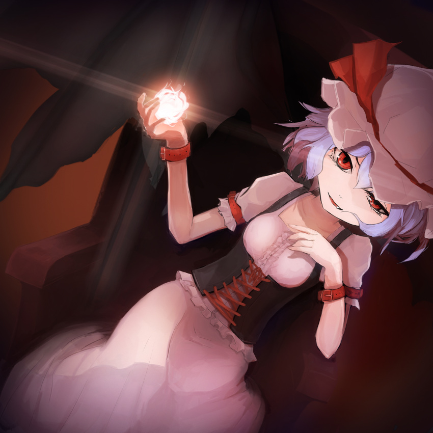 1girl alternate_costume bat_wings corset dress dutch_angle evil_smile fang glowing hat hat_ribbon highres hizz_(oisi029) lavender_hair looking_at_viewer mob_cap pink_dress puffy_sleeves red_eyes remilia_scarlet ribbon short_hair short_sleeves sitting smile solo touhou wings