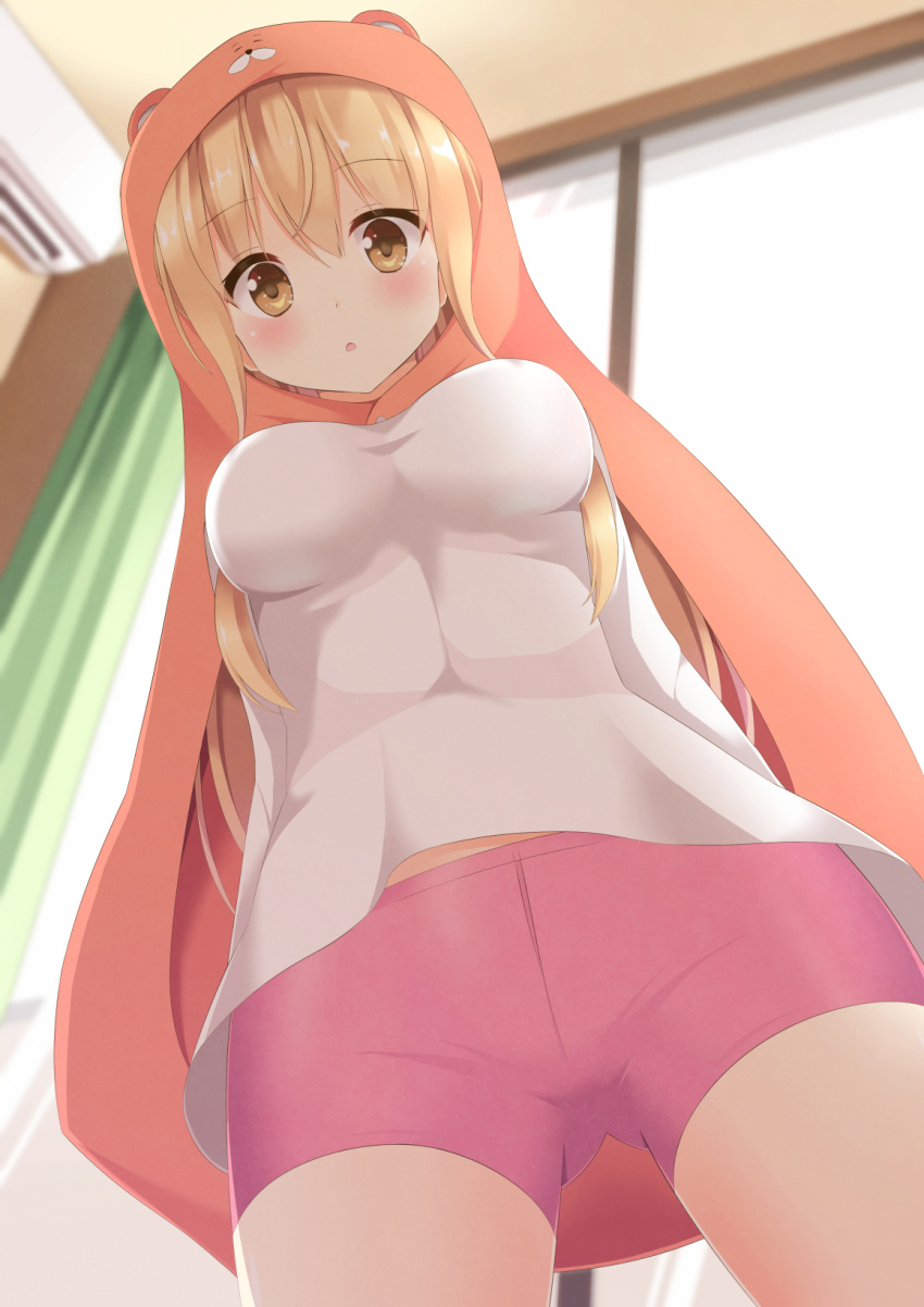 1girl animal_costume arms_behind_back blonde_hair blush breasts brown_eyes cowboy_shot doma_umaru from_below hamster_costume highres himouto!_umaru-chan hood long_hair looking_at_viewer looking_down open_mouth pen-zin shorts solo