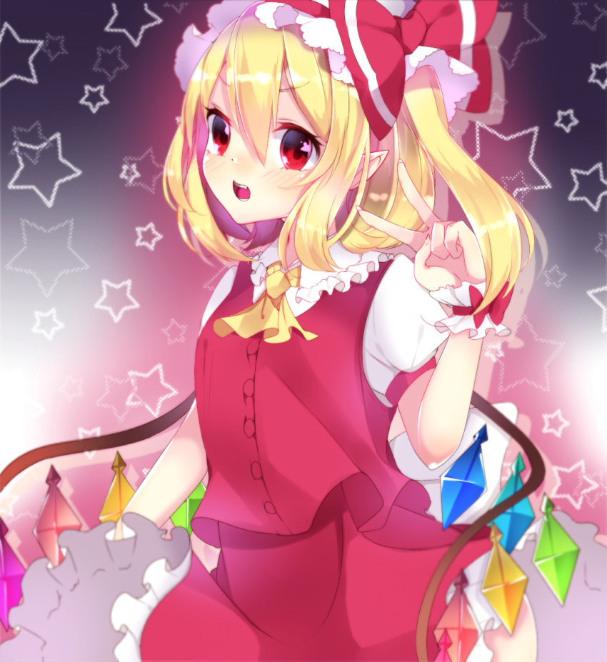 1girl :d blonde_hair flandre_scarlet hat highres looking_at_viewer mob_cap motsuni_(lxxe1120) open_mouth puffy_short_sleeves puffy_sleeves red_skirt red_vest shirt short_sleeves side_ponytail skirt smile star touhou v white_shirt