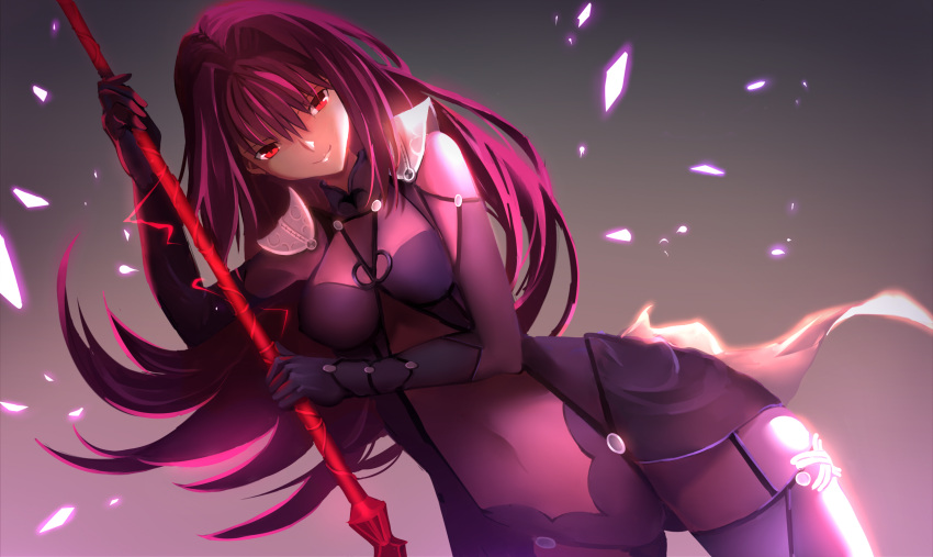 1girl bodysuit fate/grand_order fate_(series) gae_bolg hei_tong_shi highres long_hair polearm purple_hair red_eyes scathach_(fate/grand_order) solo weapon