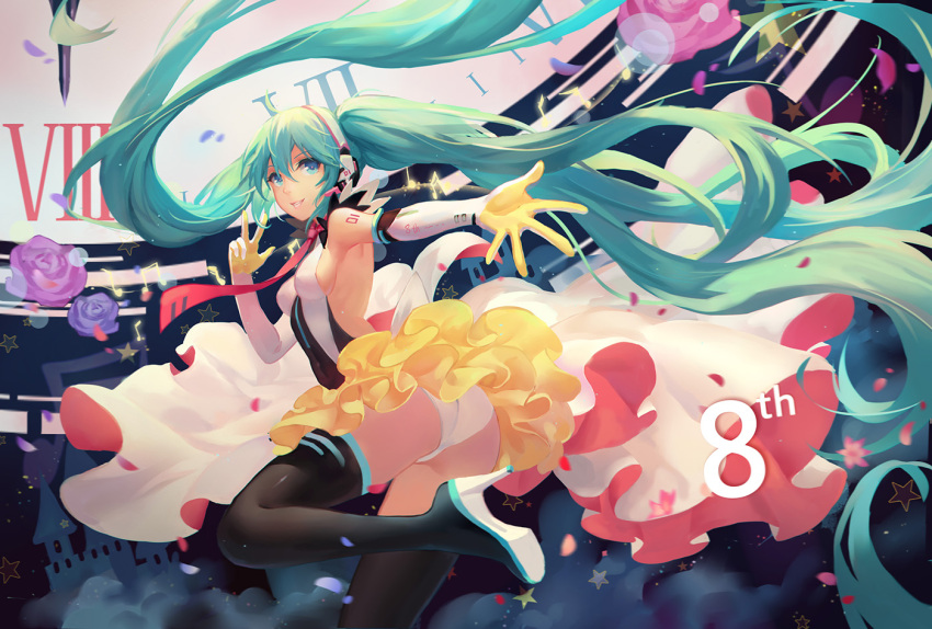 1girl aqua_eyes aqua_hair atdan boots elbow_gloves floating_hair gloves hatsune_miku headset high_heels leotard long_hair necktie outstretched_arm smile solo thigh-highs thigh_boots twintails very_long_hair vocaloid
