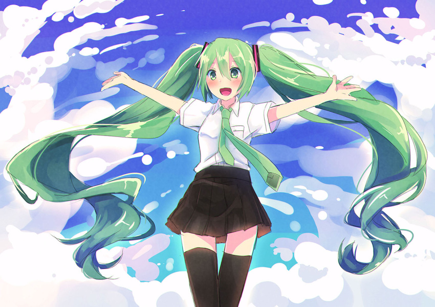 1girl blush clouds green_eyes green_hair hatsune_miku long_hair necktie open_mouth outstretched_arms skirt sky solo spread_arms taka_(kono_harutaka) thigh-highs thigh_gap twintails very_long_hair vocaloid