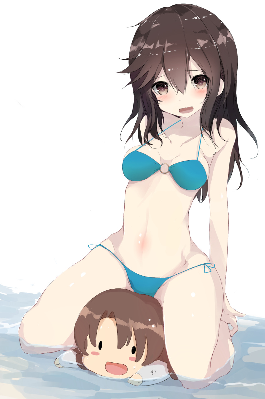 1girl absurdres bare_shoulders bikini black_hair blush breasts brown_eyes character_doll highres ichijou_hotaru koshigaya_komari long_hair nao_(qqqbb) non_non_biyori o-ring_bikini open_mouth partially_submerged side-tie_bikini solo swimsuit water white_background