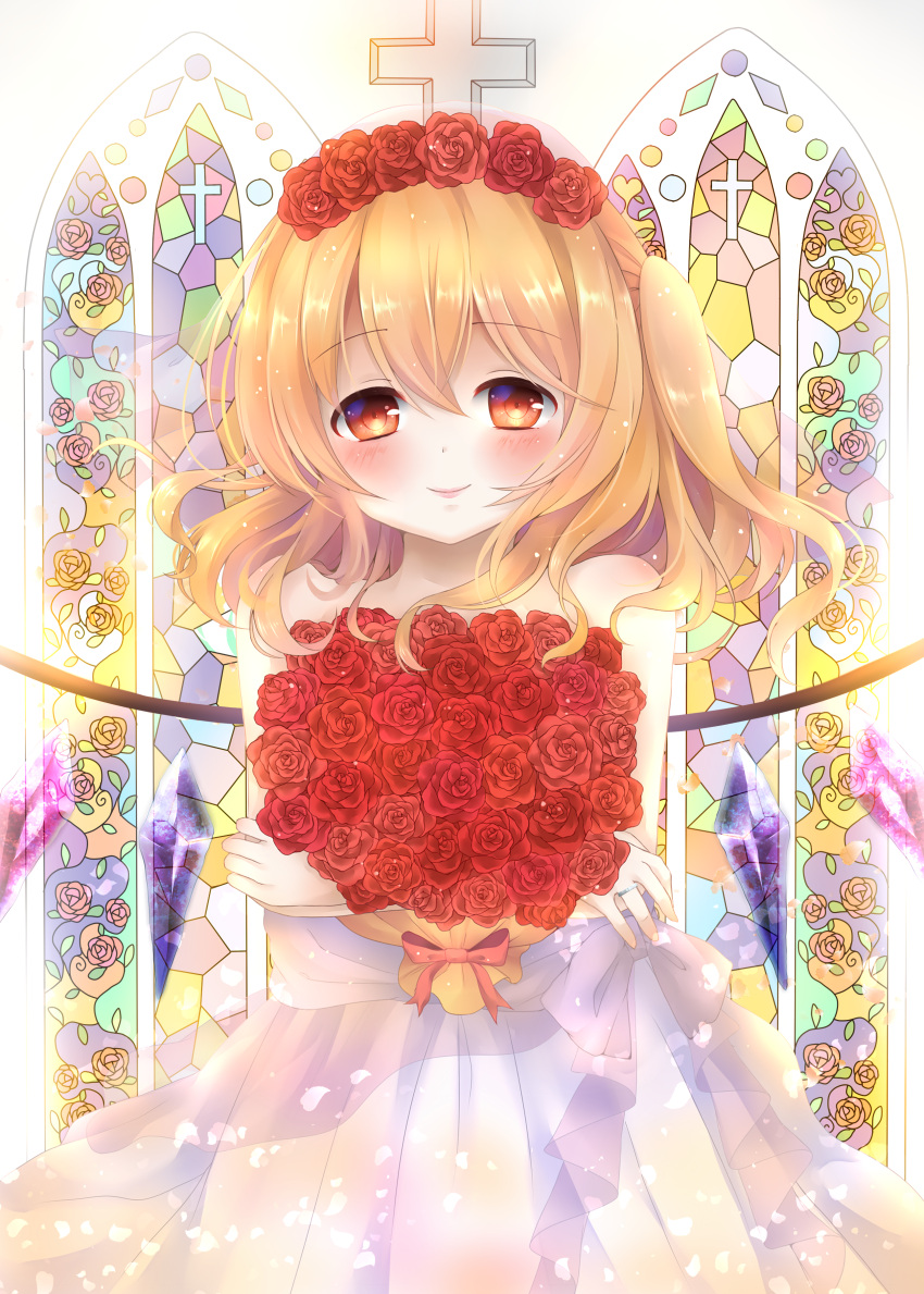 1girl absurdres alternate_costume bare_arms bare_shoulders blonde_hair blush bouquet bridal_veil bride cross crossed_arms dress flandre_scarlet flower hair_flower hair_ornament highres jewelry lips looking_at_viewer mumu-crown object_hug red_eyes red_rose ring rose short_hair side_ponytail smile solo stained_glass touhou veil wedding_band wedding_dress window wings