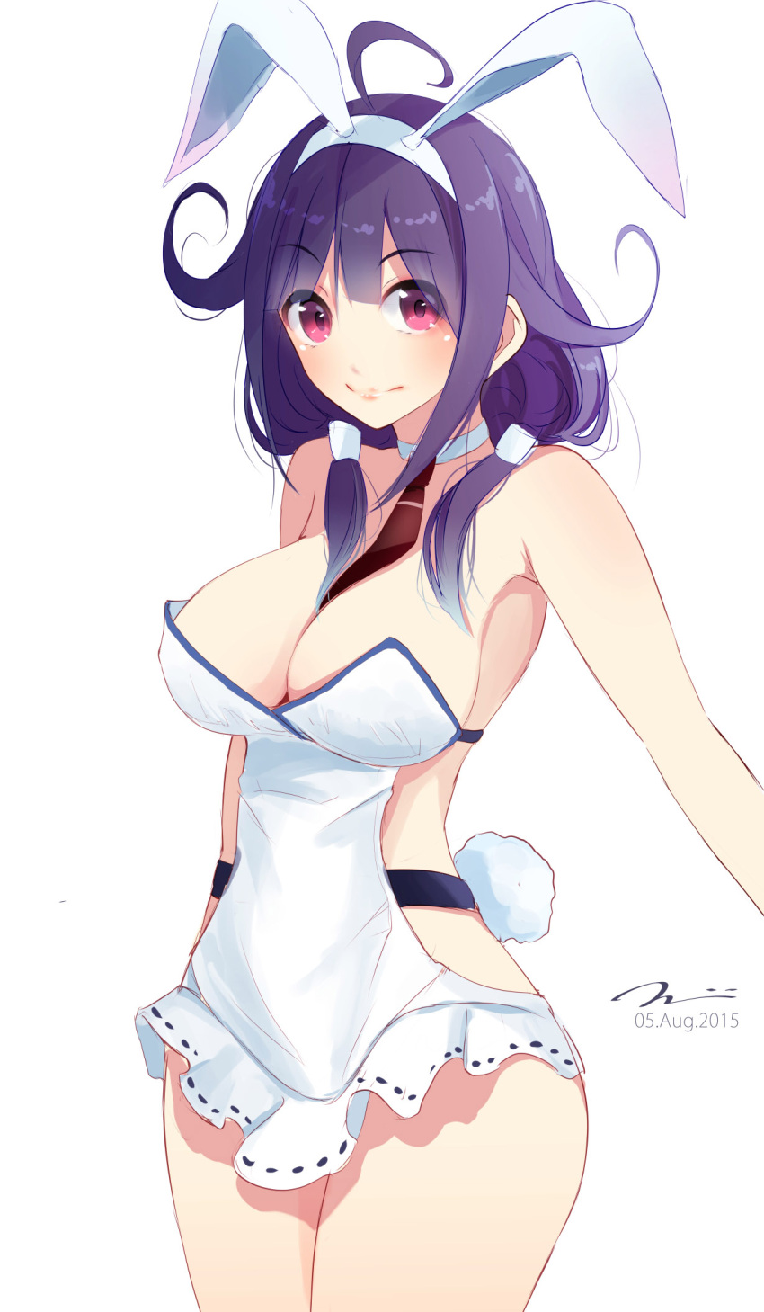 1girl ahoge animal_ears between_breasts breasts bunny_tail bunnysuit cleavage dated fake_animal_ears highres kantai_collection large_breasts necktie necktie_between_breasts pink_eyes purple_hair sidelocks signature smile solo tagme taigei_(kantai_collection) tail tbd11