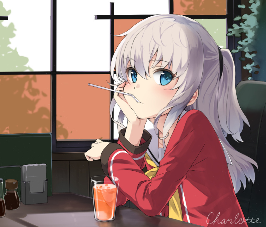 1girl blue_eyes blush charlotte_(anime) cup drink drinking_straw long_hair looking_at_viewer max_melon_teitoku mouth_hold school_uniform serafuku silver_hair sitting solo tomori_nao twintails two_side_up