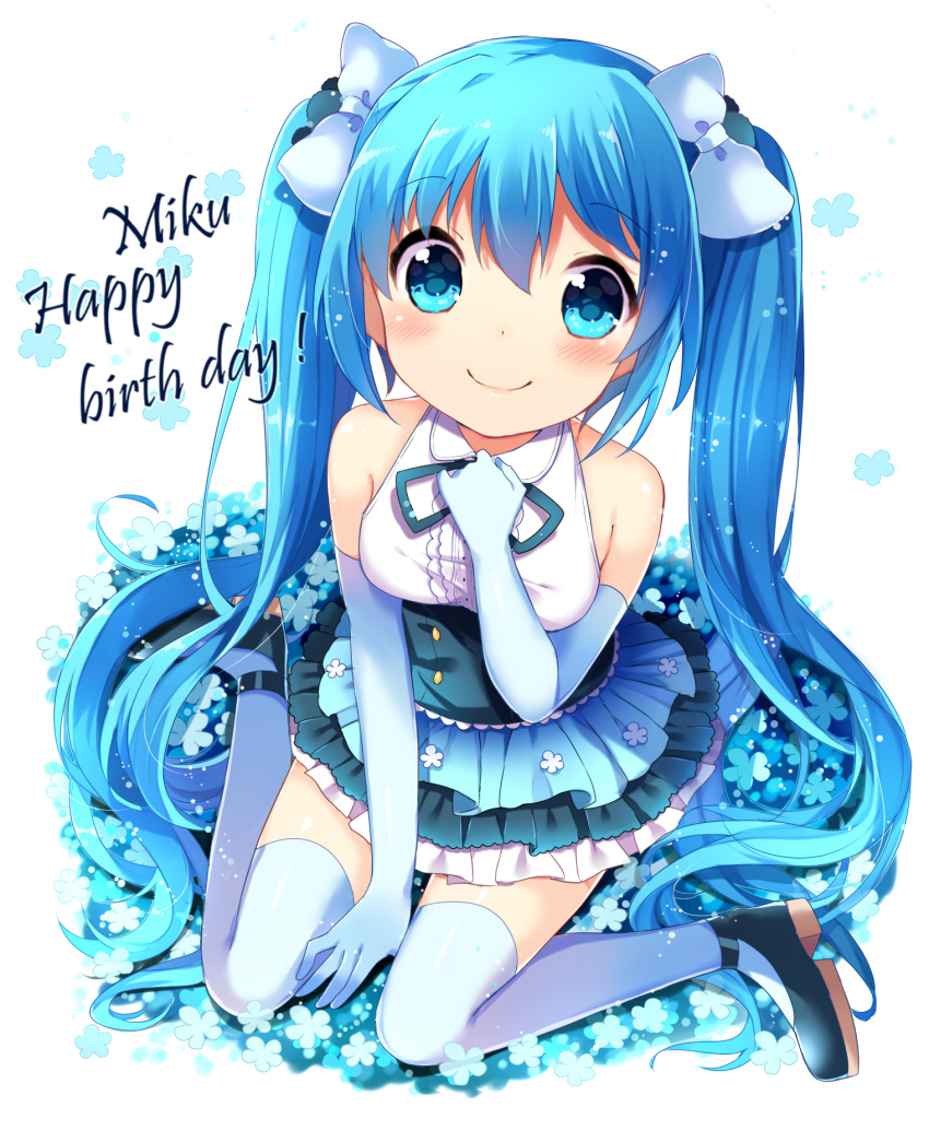 1girl bare_shoulders blue_hair blush bow character_name elbow_gloves flower frilled_skirt frills gloves hair_bow happy_birthday hatsune_miku highres ikari_(aor3507) long_hair looking_at_viewer sitting skirt smile solo thigh-highs twintails vocaloid wariza