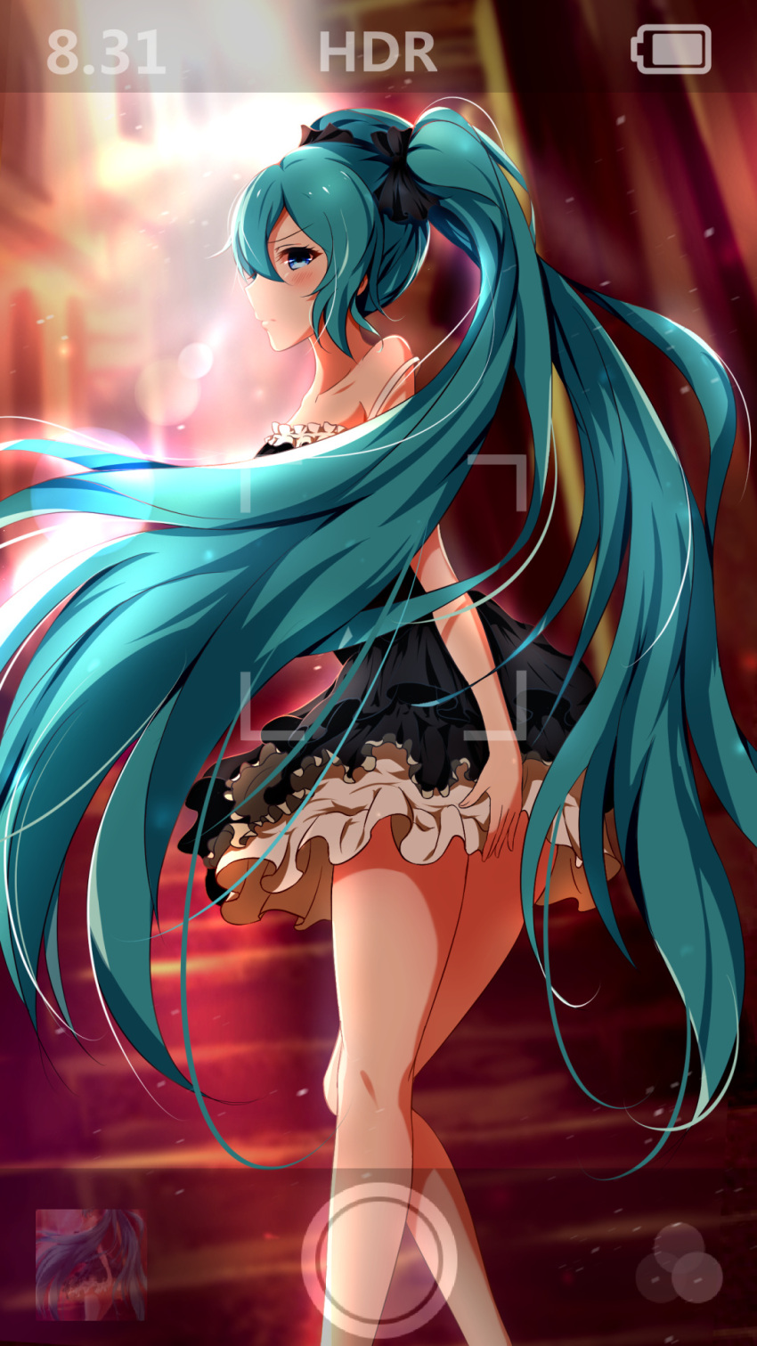 1girl aqua_eyes aqua_hair bare_legs bare_shoulders camera cellphone cellphone_camera dress from_behind hatsune_miku highres looking_back phone stairs twintails vocaloid xiao_ren